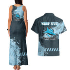Personalised Cronulla Sutherland Sharks Rugby Couples Matching Tank Maxi Dress and Hawaiian Shirt Sharkies Mascot - Sporty Splash Art Style