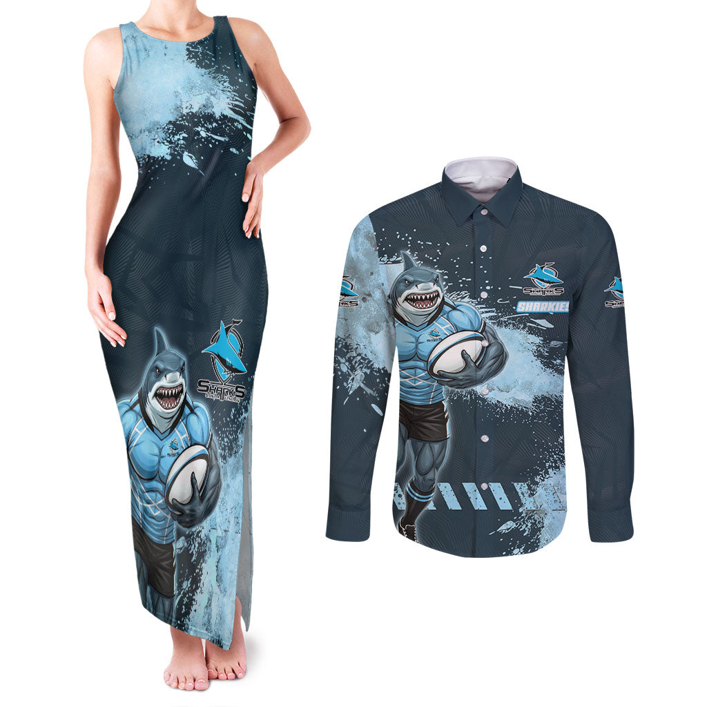 Personalised Cronulla Sutherland Sharks Rugby Couples Matching Tank Maxi Dress and Long Sleeve Button Shirt Sharkies Mascot - Sporty Splash Art Style