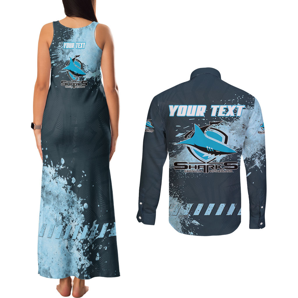 Personalised Cronulla Sutherland Sharks Rugby Couples Matching Tank Maxi Dress and Long Sleeve Button Shirt Sharkies Mascot - Sporty Splash Art Style