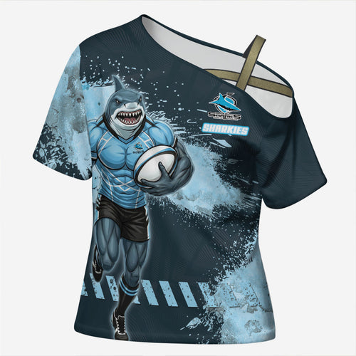 Personalised Cronulla Sutherland Sharks Rugby Cross Shoulder Shirt Sharkies Mascot - Sporty Splash Art Style
