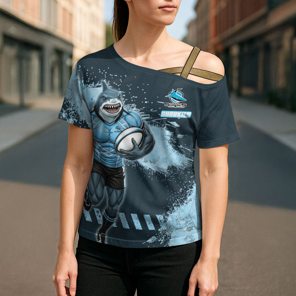 Personalised Cronulla Sutherland Sharks Rugby Cross Shoulder Shirt Sharkies Mascot - Sporty Splash Art Style