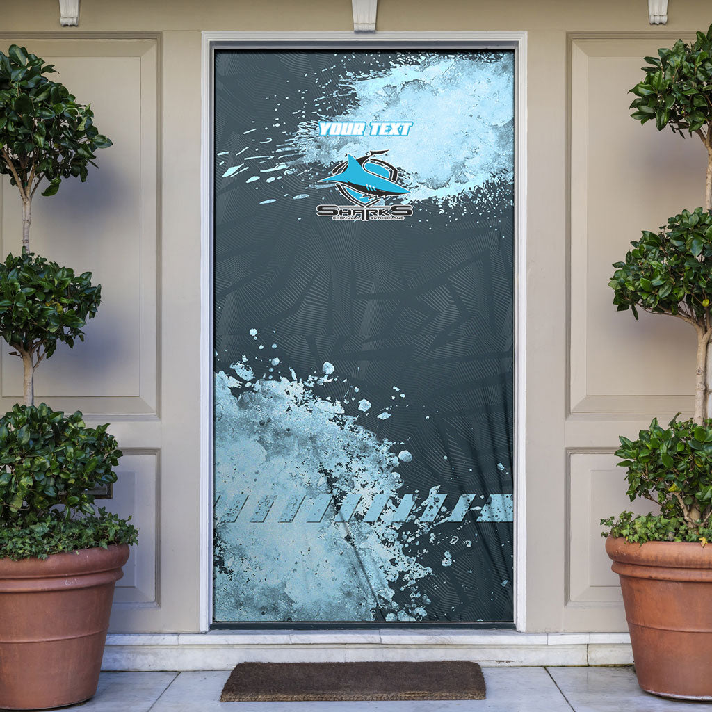 Personalised Cronulla Sutherland Sharks Rugby Door Cover Sharkies Mascot - Sporty Splash Art Style