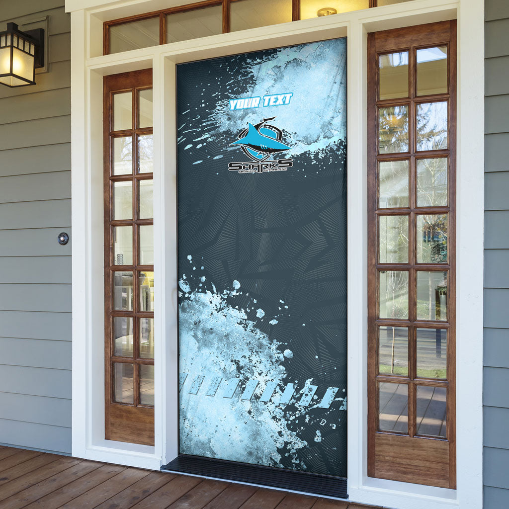 Personalised Cronulla Sutherland Sharks Rugby Door Cover Sharkies Mascot - Sporty Splash Art Style
