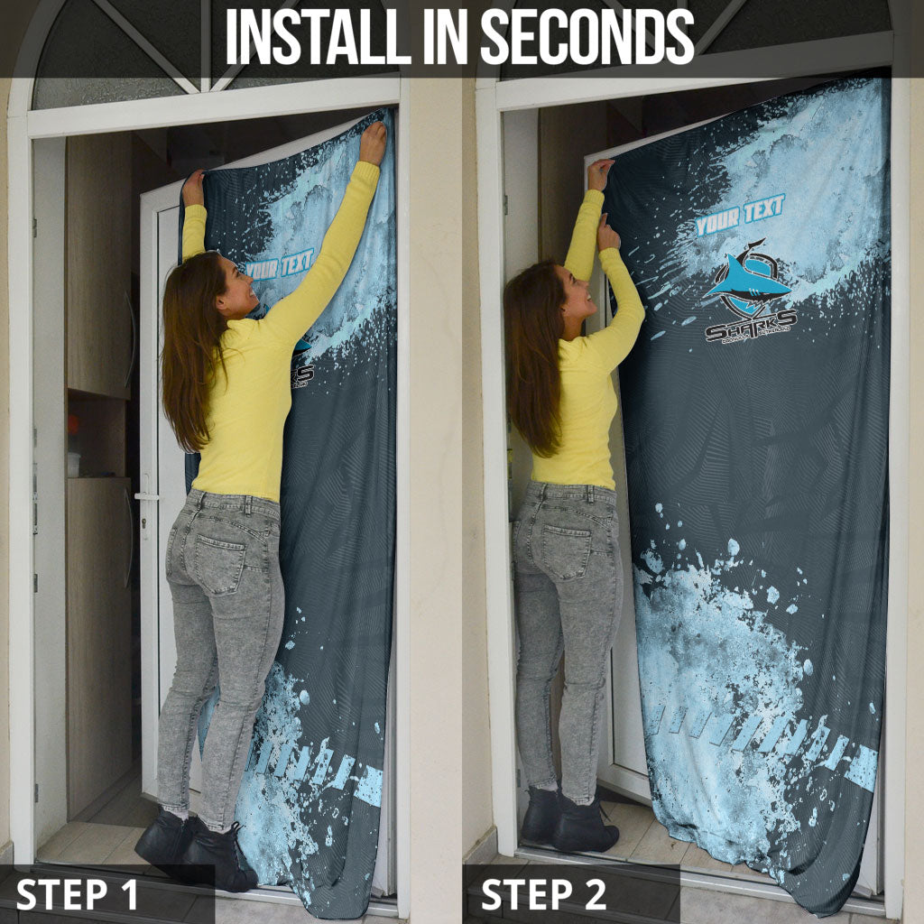 Personalised Cronulla Sutherland Sharks Rugby Door Cover Sharkies Mascot - Sporty Splash Art Style