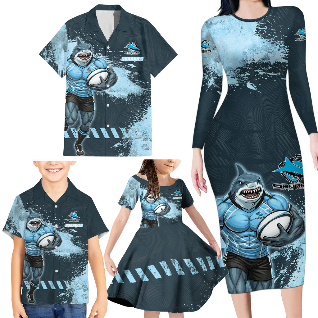 Personalised Cronulla Sutherland Sharks Rugby Family Matching Long Sleeve Bodycon Dress and Hawaiian Shirt Sharkies Mascot - Sporty Splash Art Style
