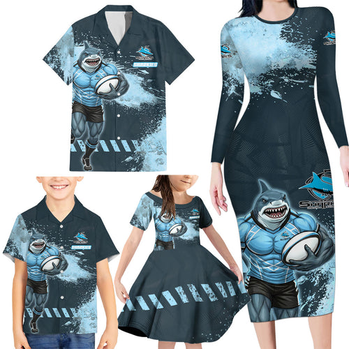 Personalised Cronulla Sutherland Sharks Rugby Family Matching Long Sleeve Bodycon Dress and Hawaiian Shirt Sharkies Mascot - Sporty Splash Art Style