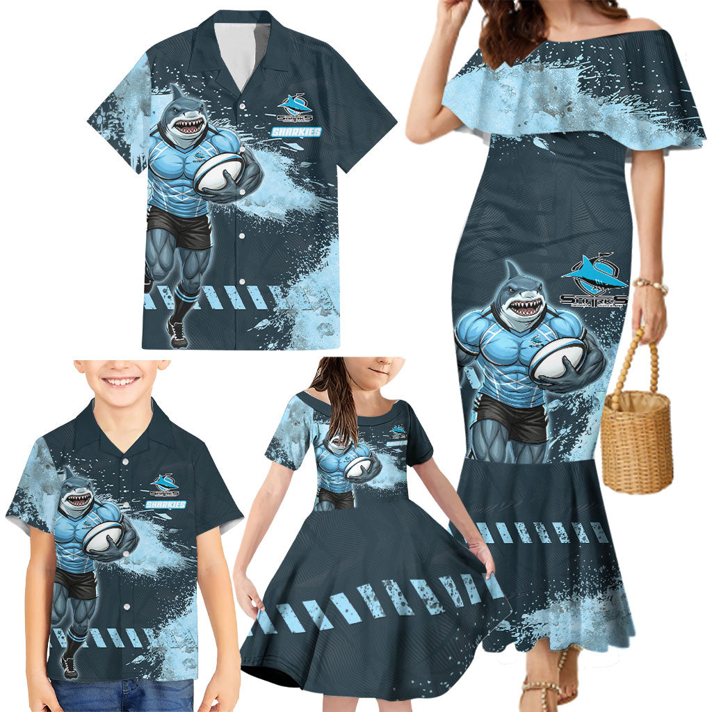 Personalised Cronulla Sutherland Sharks Rugby Family Matching Mermaid Dress and Hawaiian Shirt Sharkies Mascot - Sporty Splash Art Style