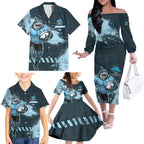 Personalised Cronulla Sutherland Sharks Rugby Family Matching Off The Shoulder Long Sleeve Dress and Hawaiian Shirt Sharkies Mascot - Sporty Splash Art Style