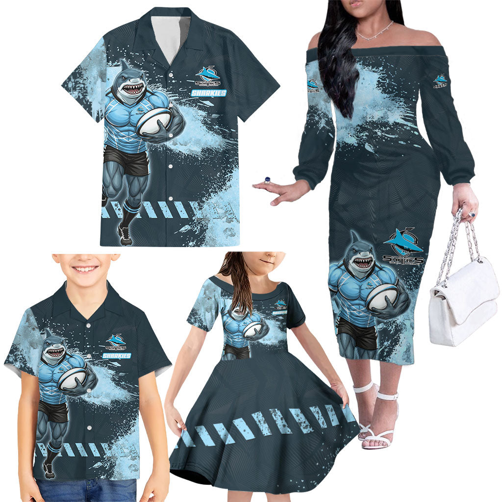Personalised Cronulla Sutherland Sharks Rugby Family Matching Off The Shoulder Long Sleeve Dress and Hawaiian Shirt Sharkies Mascot - Sporty Splash Art Style