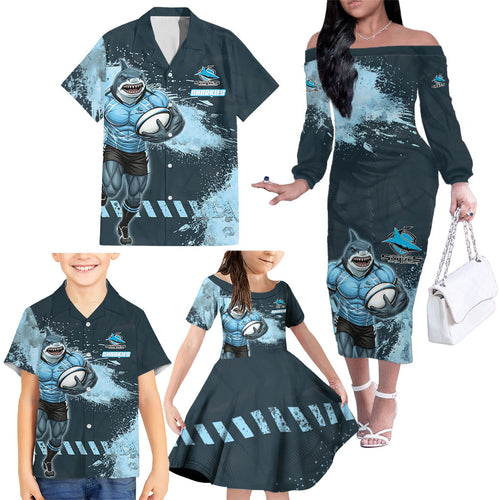 Personalised Cronulla Sutherland Sharks Rugby Family Matching Off The Shoulder Long Sleeve Dress and Hawaiian Shirt Sharkies Mascot - Sporty Splash Art Style