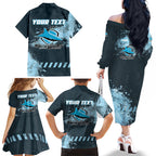 Personalised Cronulla Sutherland Sharks Rugby Family Matching Off The Shoulder Long Sleeve Dress and Hawaiian Shirt Sharkies Mascot - Sporty Splash Art Style