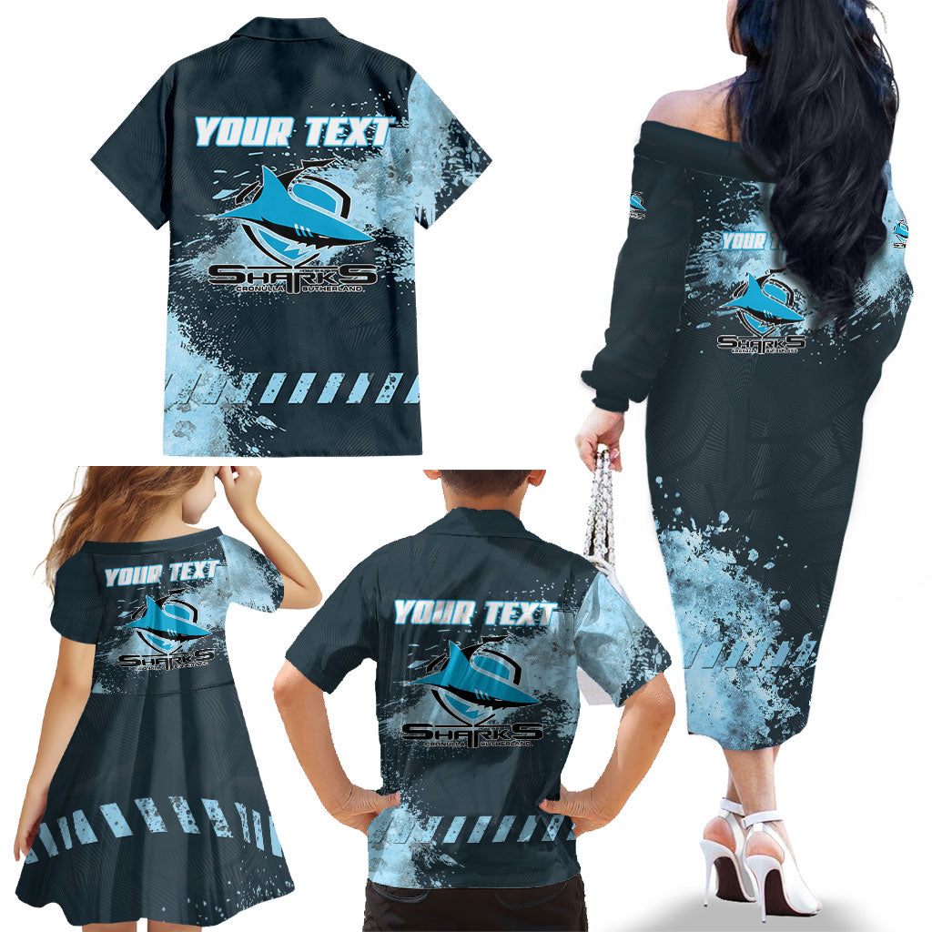 Personalised Cronulla Sutherland Sharks Rugby Family Matching Off The Shoulder Long Sleeve Dress and Hawaiian Shirt Sharkies Mascot - Sporty Splash Art Style