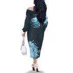 Personalised Cronulla Sutherland Sharks Rugby Family Matching Off The Shoulder Long Sleeve Dress and Hawaiian Shirt Sharkies Mascot - Sporty Splash Art Style