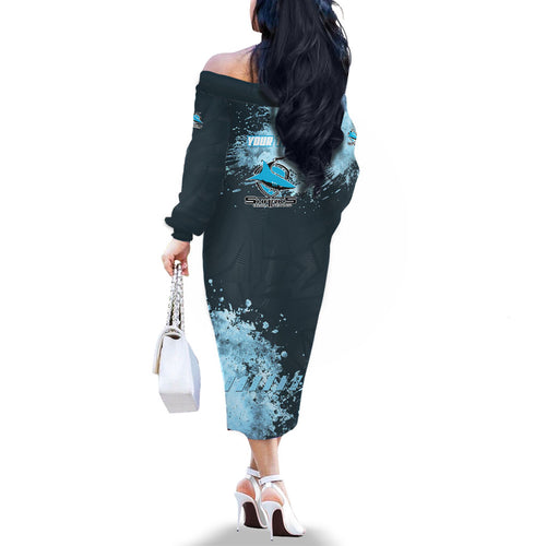 Personalised Cronulla Sutherland Sharks Rugby Family Matching Off The Shoulder Long Sleeve Dress and Hawaiian Shirt Sharkies Mascot - Sporty Splash Art Style