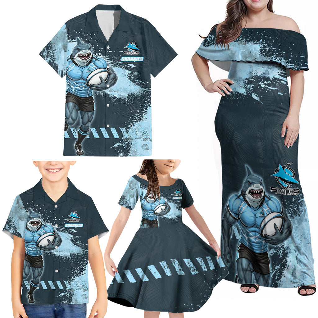 Personalised Cronulla Sutherland Sharks Rugby Family Matching Off Shoulder Maxi Dress and Hawaiian Shirt Sharkies Mascot - Sporty Splash Art Style