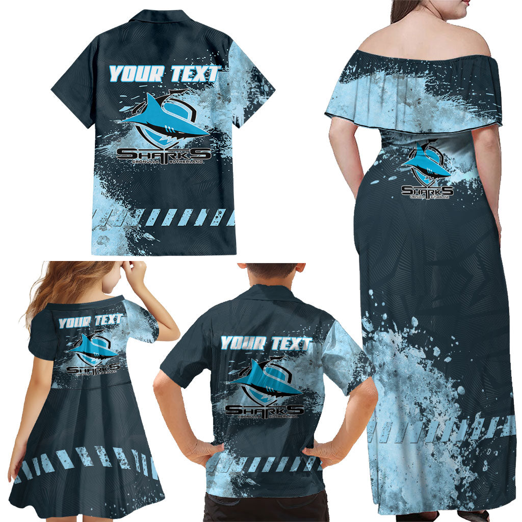 Personalised Cronulla Sutherland Sharks Rugby Family Matching Off Shoulder Maxi Dress and Hawaiian Shirt Sharkies Mascot - Sporty Splash Art Style