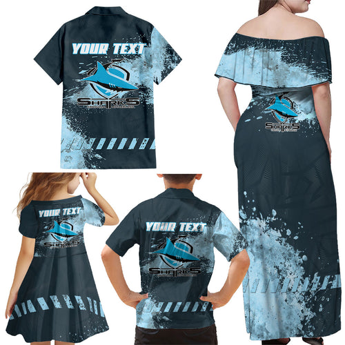 Personalised Cronulla Sutherland Sharks Rugby Family Matching Off Shoulder Maxi Dress and Hawaiian Shirt Sharkies Mascot - Sporty Splash Art Style
