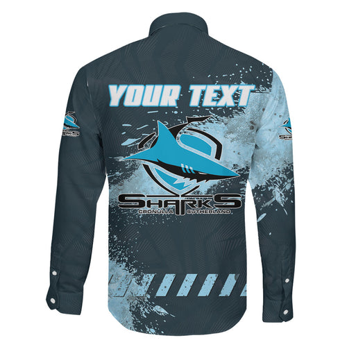 Personalised Cronulla Sutherland Sharks Rugby Family Matching Off Shoulder Maxi Dress and Hawaiian Shirt Sharkies Mascot - Sporty Splash Art Style