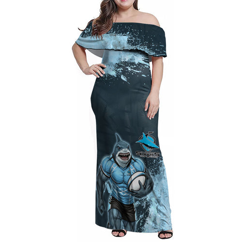 Personalised Cronulla Sutherland Sharks Rugby Family Matching Off Shoulder Maxi Dress and Hawaiian Shirt Sharkies Mascot - Sporty Splash Art Style