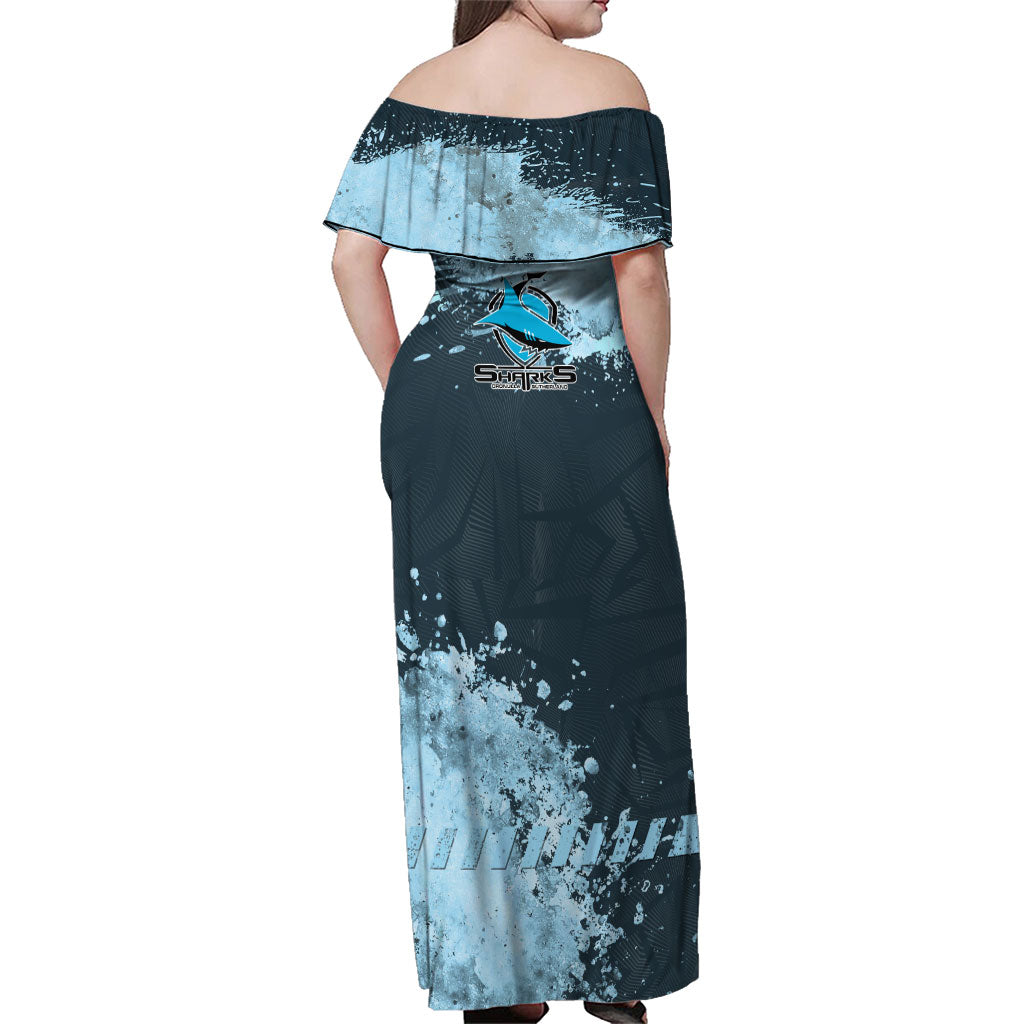 Personalised Cronulla Sutherland Sharks Rugby Family Matching Off Shoulder Maxi Dress and Hawaiian Shirt Sharkies Mascot - Sporty Splash Art Style