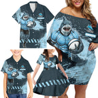 Personalised Cronulla Sutherland Sharks Rugby Family Matching Off Shoulder Short Dress and Hawaiian Shirt Sharkies Mascot - Sporty Splash Art Style