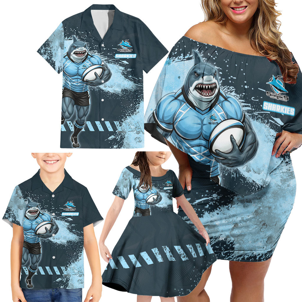 Personalised Cronulla Sutherland Sharks Rugby Family Matching Off Shoulder Short Dress and Hawaiian Shirt Sharkies Mascot - Sporty Splash Art Style
