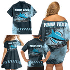 Personalised Cronulla Sutherland Sharks Rugby Family Matching Off Shoulder Short Dress and Hawaiian Shirt Sharkies Mascot - Sporty Splash Art Style