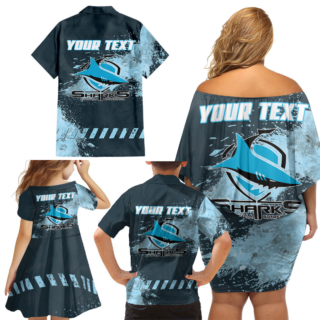 Personalised Cronulla Sutherland Sharks Rugby Family Matching Off Shoulder Short Dress and Hawaiian Shirt Sharkies Mascot - Sporty Splash Art Style