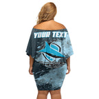 Personalised Cronulla Sutherland Sharks Rugby Family Matching Off Shoulder Short Dress and Hawaiian Shirt Sharkies Mascot - Sporty Splash Art Style