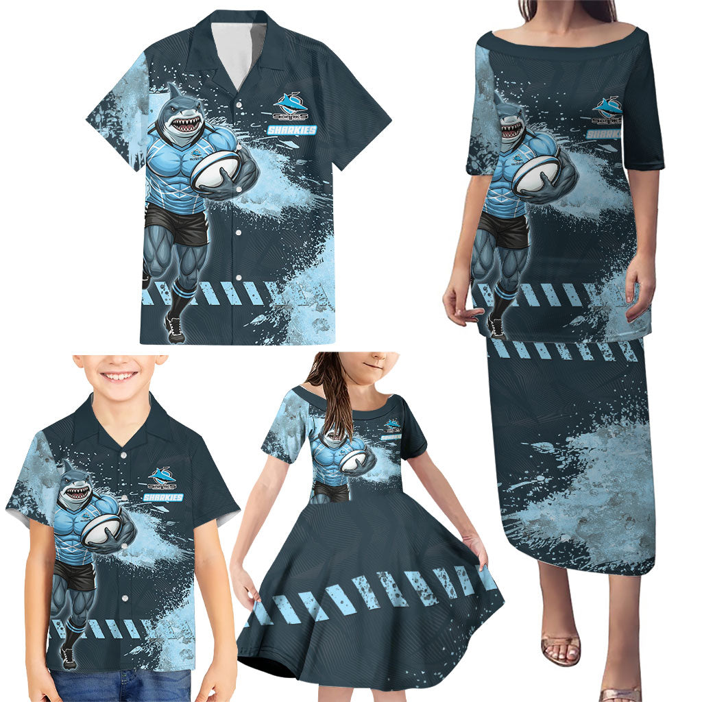 Personalised Cronulla Sutherland Sharks Rugby Family Matching Puletasi and Hawaiian Shirt Sharkies Mascot - Sporty Splash Art Style