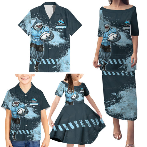 Personalised Cronulla Sutherland Sharks Rugby Family Matching Puletasi and Hawaiian Shirt Sharkies Mascot - Sporty Splash Art Style