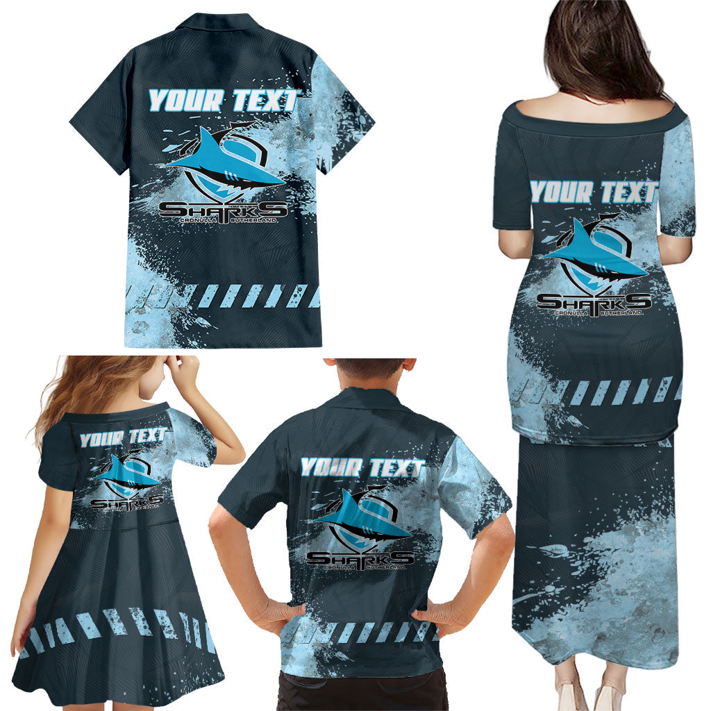 Personalised Cronulla Sutherland Sharks Rugby Family Matching Puletasi and Hawaiian Shirt Sharkies Mascot - Sporty Splash Art Style