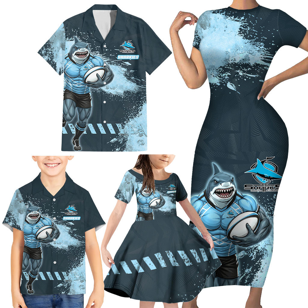 Personalised Cronulla Sutherland Sharks Rugby Family Matching Short Sleeve Bodycon Dress and Hawaiian Shirt Sharkies Mascot - Sporty Splash Art Style