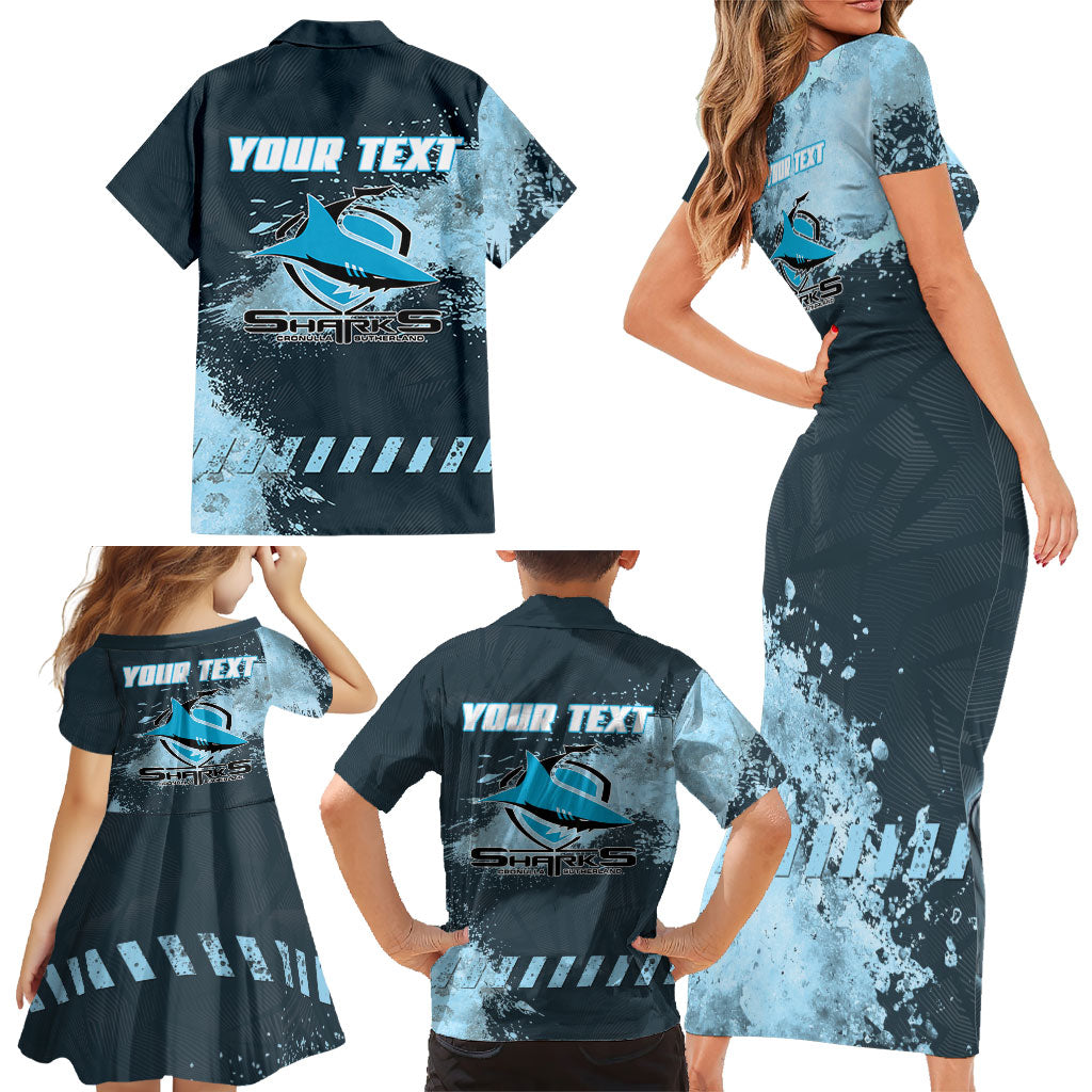 Personalised Cronulla Sutherland Sharks Rugby Family Matching Short Sleeve Bodycon Dress and Hawaiian Shirt Sharkies Mascot - Sporty Splash Art Style