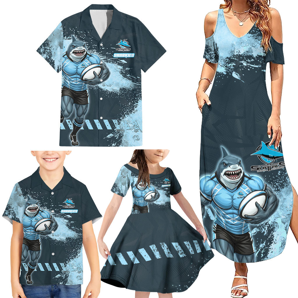Personalised Cronulla Sutherland Sharks Rugby Family Matching Summer Maxi Dress and Hawaiian Shirt Sharkies Mascot - Sporty Splash Art Style