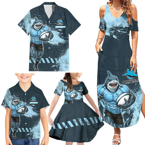 Personalised Cronulla Sutherland Sharks Rugby Family Matching Summer Maxi Dress and Hawaiian Shirt Sharkies Mascot - Sporty Splash Art Style