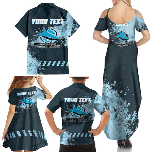 Personalised Cronulla Sutherland Sharks Rugby Family Matching Summer Maxi Dress and Hawaiian Shirt Sharkies Mascot - Sporty Splash Art Style