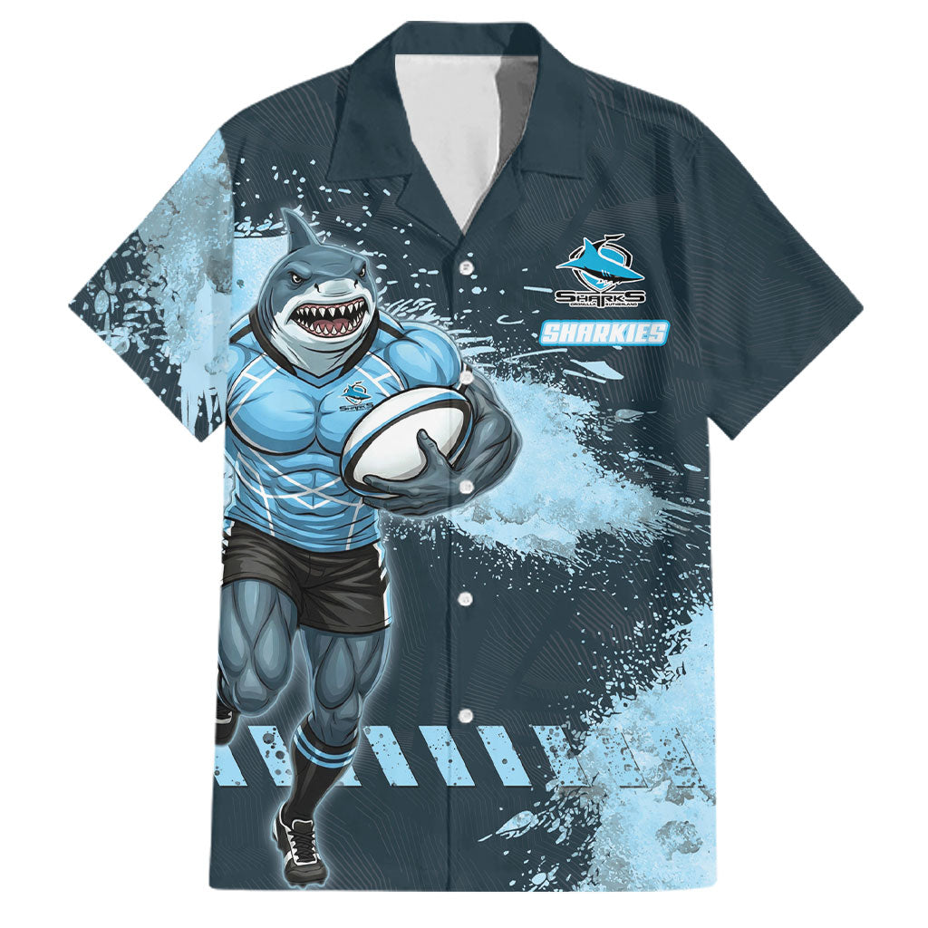 Personalised Cronulla Sutherland Sharks Rugby Family Matching Summer Maxi Dress and Hawaiian Shirt Sharkies Mascot - Sporty Splash Art Style