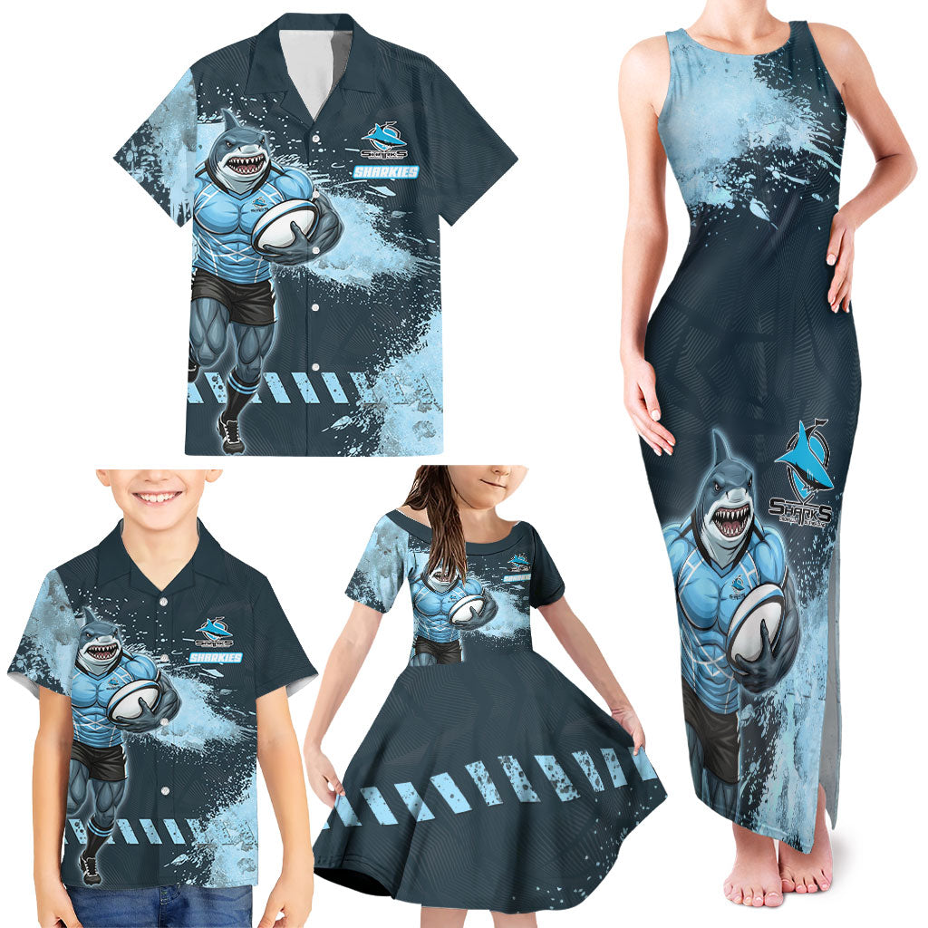 Personalised Cronulla Sutherland Sharks Rugby Family Matching Tank Maxi Dress and Hawaiian Shirt Sharkies Mascot - Sporty Splash Art Style