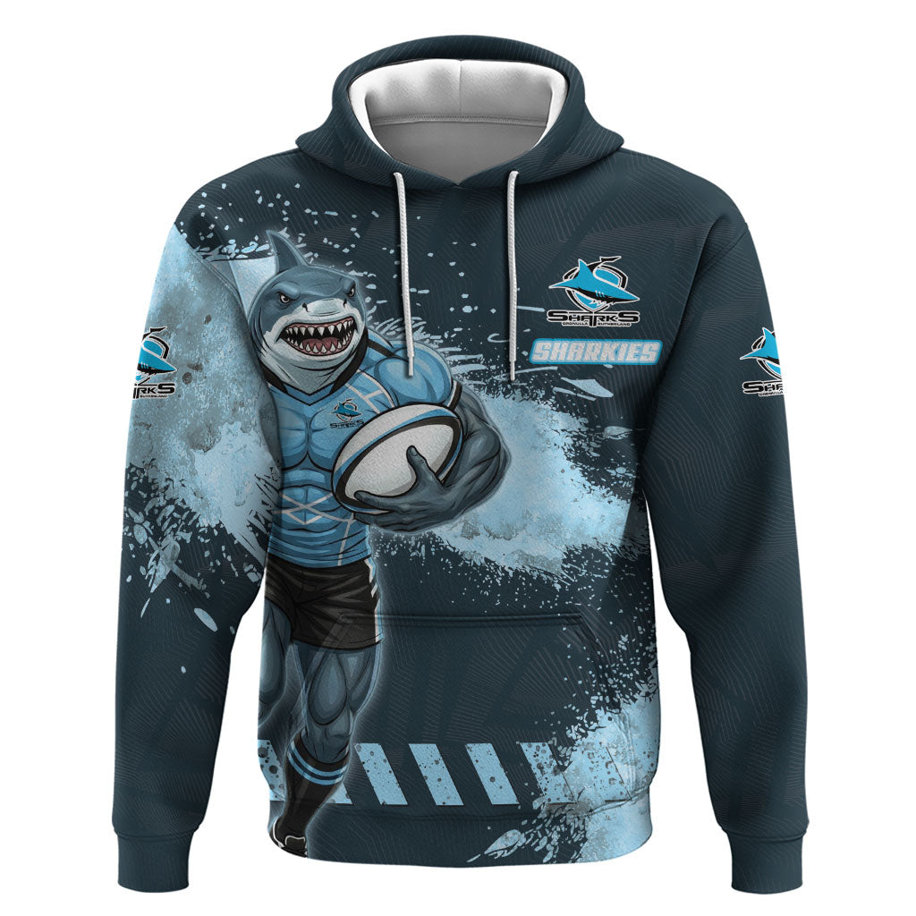 Personalised Cronulla Sutherland Sharks Rugby Hoodie Sharkies Mascot - Sporty Splash Art Style