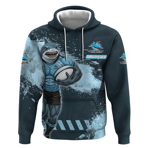 Personalised Cronulla Sutherland Sharks Rugby Hoodie Sharkies Mascot - Sporty Splash Art Style
