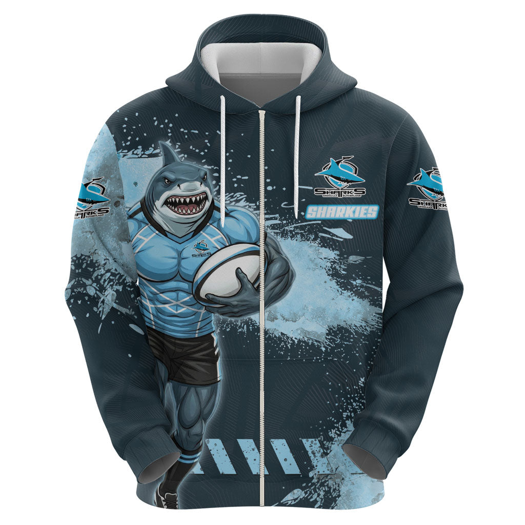 Personalised Cronulla Sutherland Sharks Rugby Hoodie Sharkies Mascot - Sporty Splash Art Style