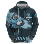 Personalised Cronulla Sutherland Sharks Rugby Hoodie Sharkies Mascot - Sporty Splash Art Style