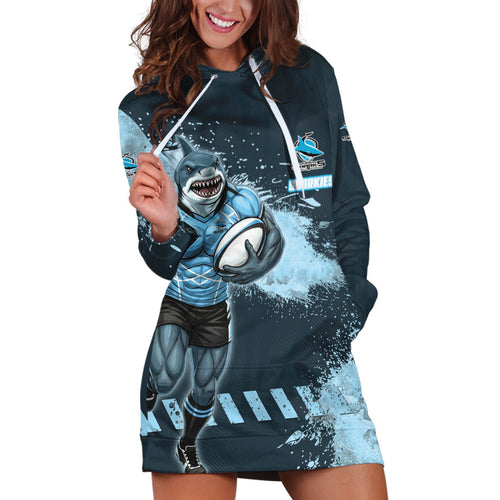 Personalised Cronulla Sutherland Sharks Rugby Hoodie Dress Sharkies Mascot - Sporty Splash Art Style