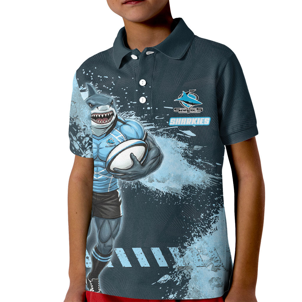 Personalised Cronulla Sutherland Sharks Rugby Kid Polo Shirt Sharkies Mascot - Sporty Splash Art Style
