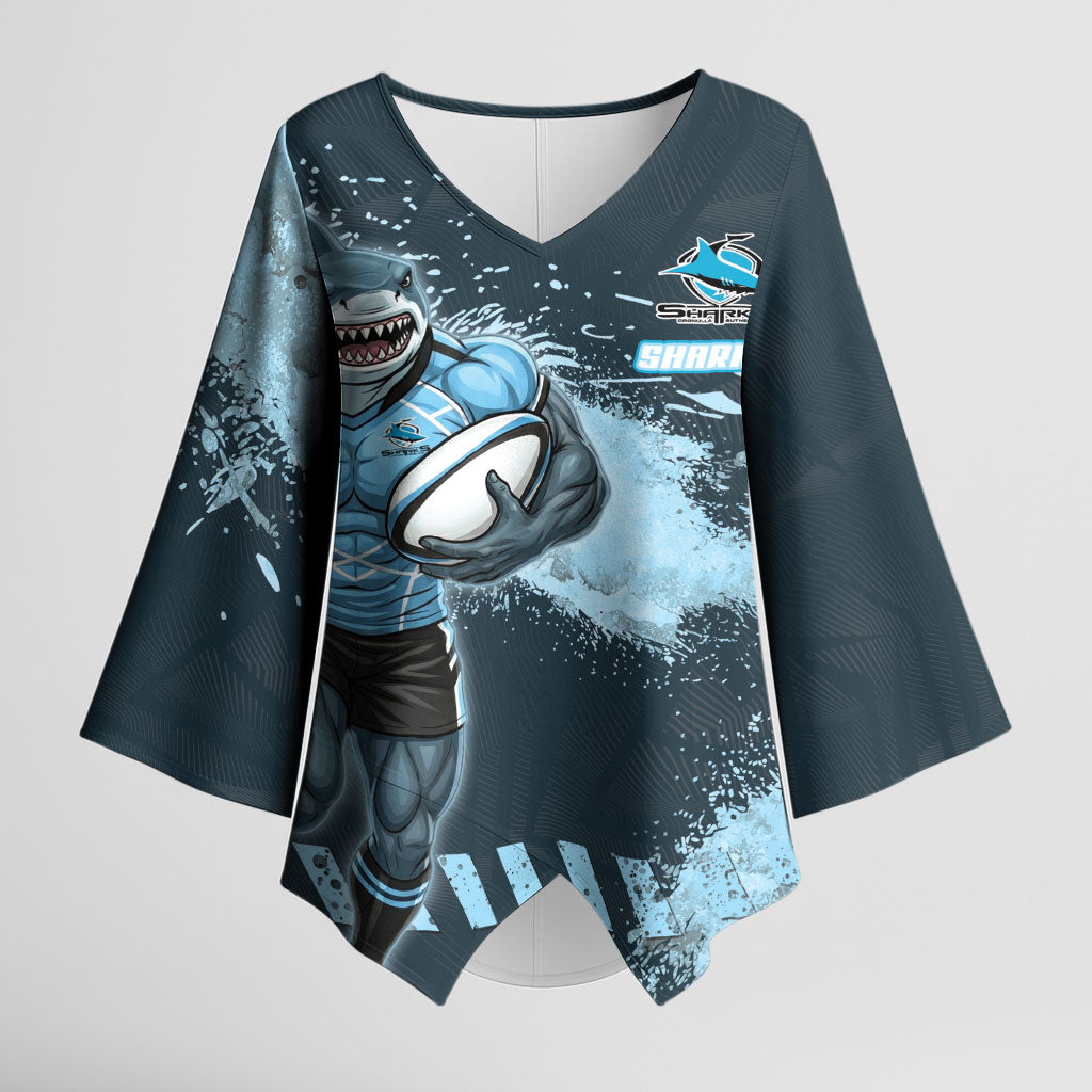 Personalised Cronulla Sutherland Sharks Rugby Kimono Sleeve Blouse Sharkies Mascot - Sporty Splash Art Style