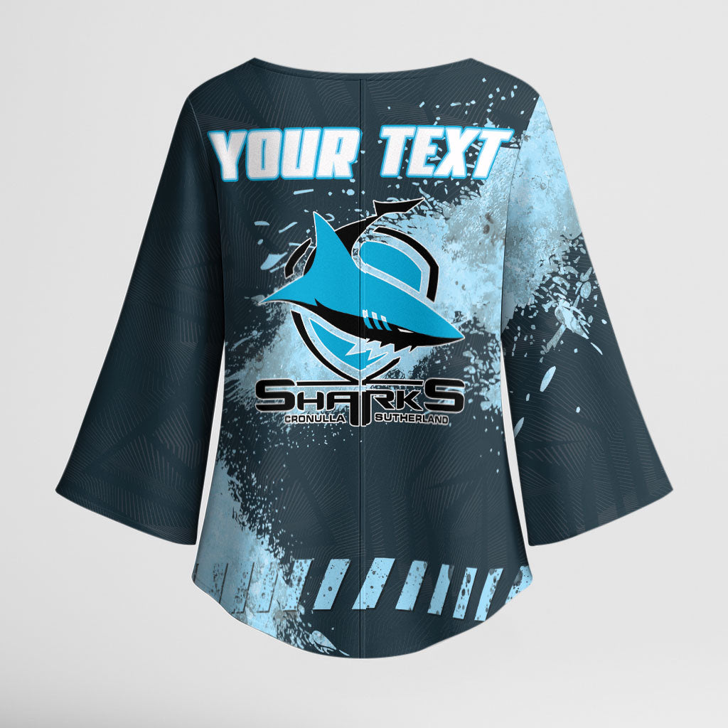 Personalised Cronulla Sutherland Sharks Rugby Kimono Sleeve Blouse Sharkies Mascot - Sporty Splash Art Style