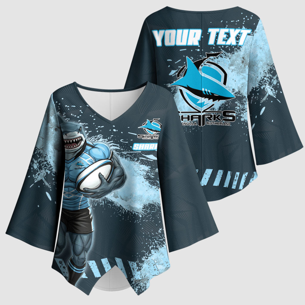 Personalised Cronulla Sutherland Sharks Rugby Kimono Sleeve Blouse Sharkies Mascot - Sporty Splash Art Style