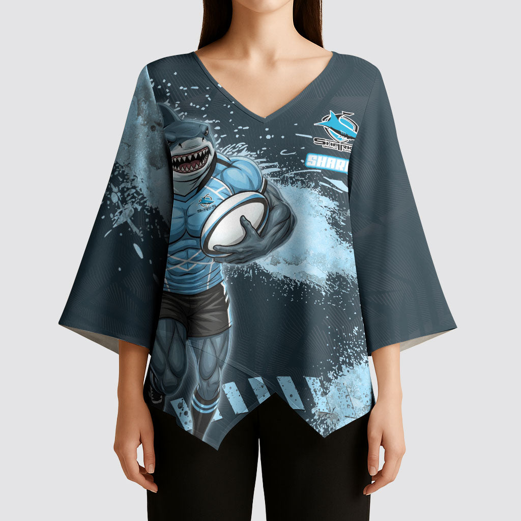 Personalised Cronulla Sutherland Sharks Rugby Kimono Sleeve Blouse Sharkies Mascot - Sporty Splash Art Style