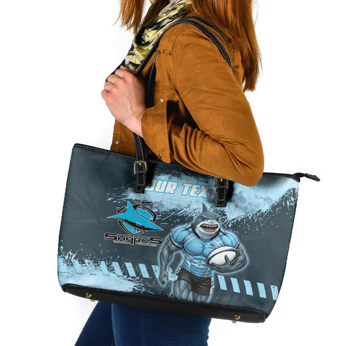 Personalised Cronulla Sutherland Sharks Rugby Leather Tote Bag Sharkies Mascot - Sporty Splash Art Style